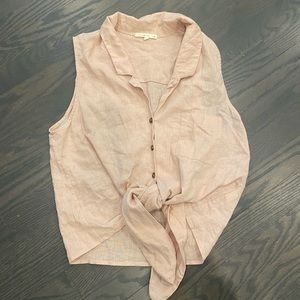 LE LIS LINEN BUTTON UP POCKET TIED BLOUSE